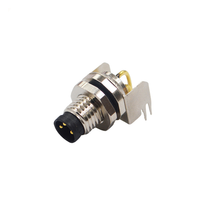 M8 4pins A code male right angle front panel mount connector,unshielded,insert,brass with nickel plated shell